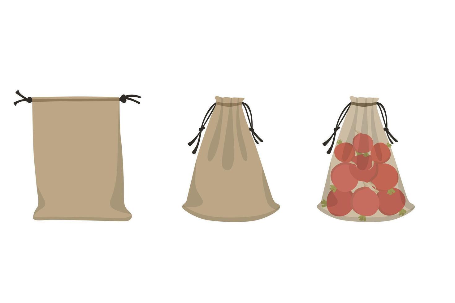 Fabric eco bags, textile packaging with Radish. Illustration of farm products vector