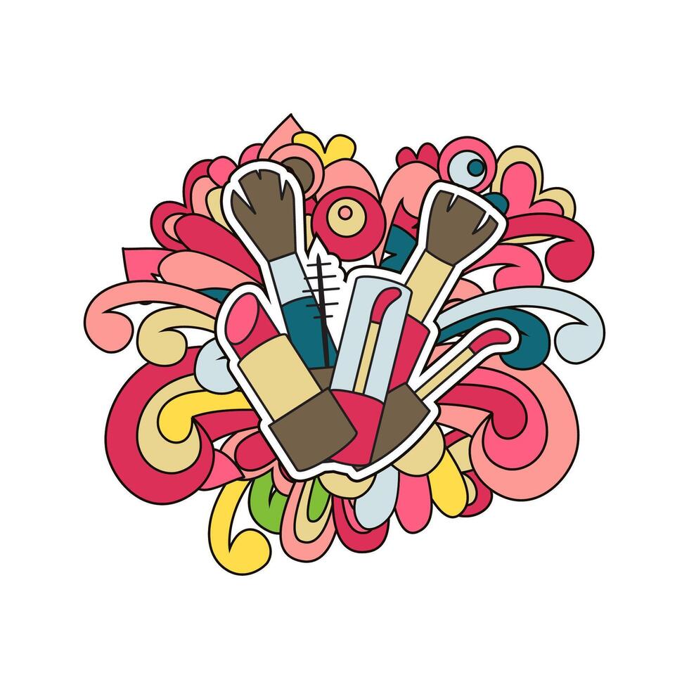 Doodle makeup design. Lipstick, glitter and brushes vector