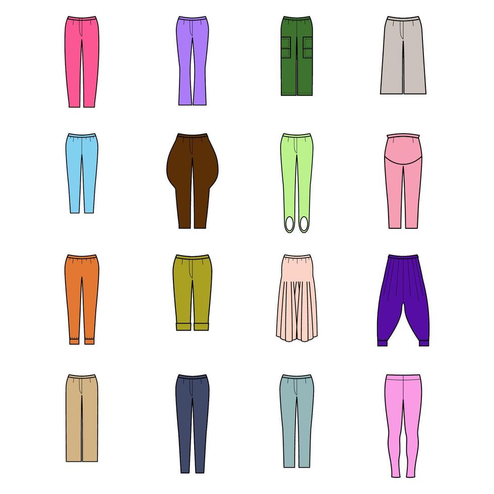 Trousers models for woman set. Pants design illustration. vector