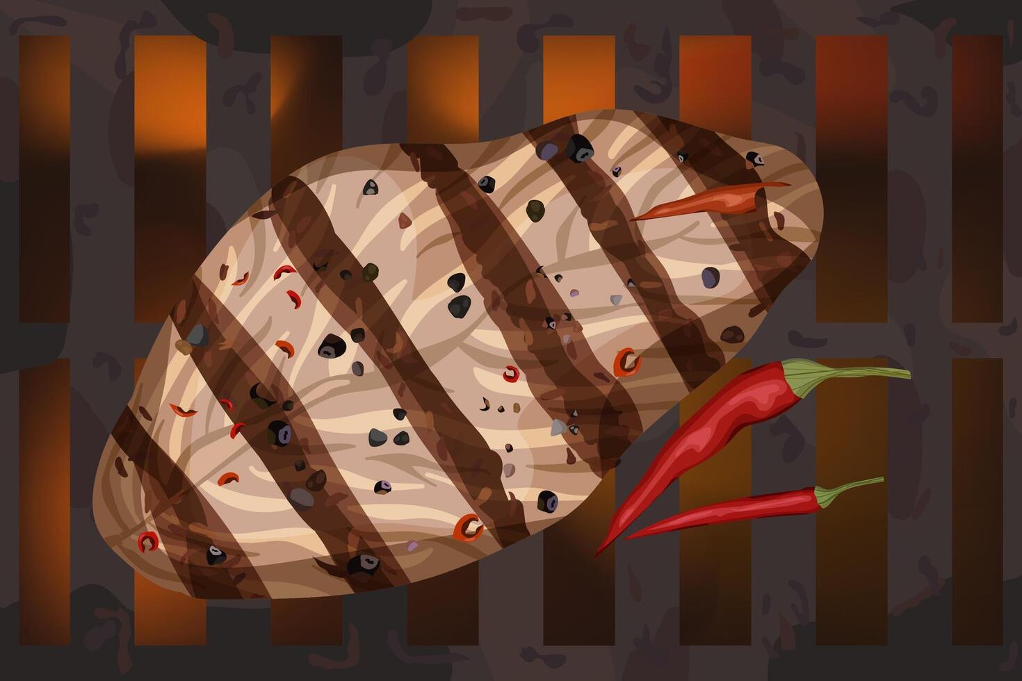 Barbecue meat with chili pepper. White background. Illustration of Grill with coals and fire. vector