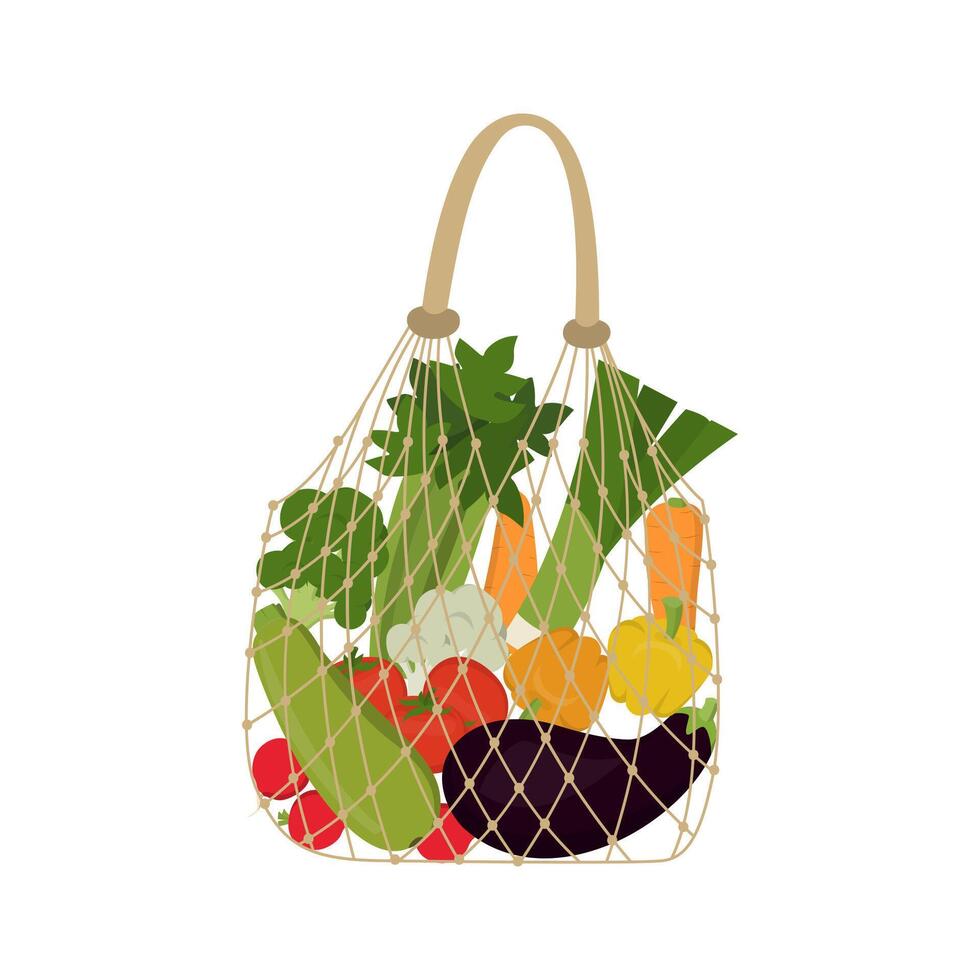 Eco friendly fabric bag with vegetables and greens. White background. Reusable textile handbags vector