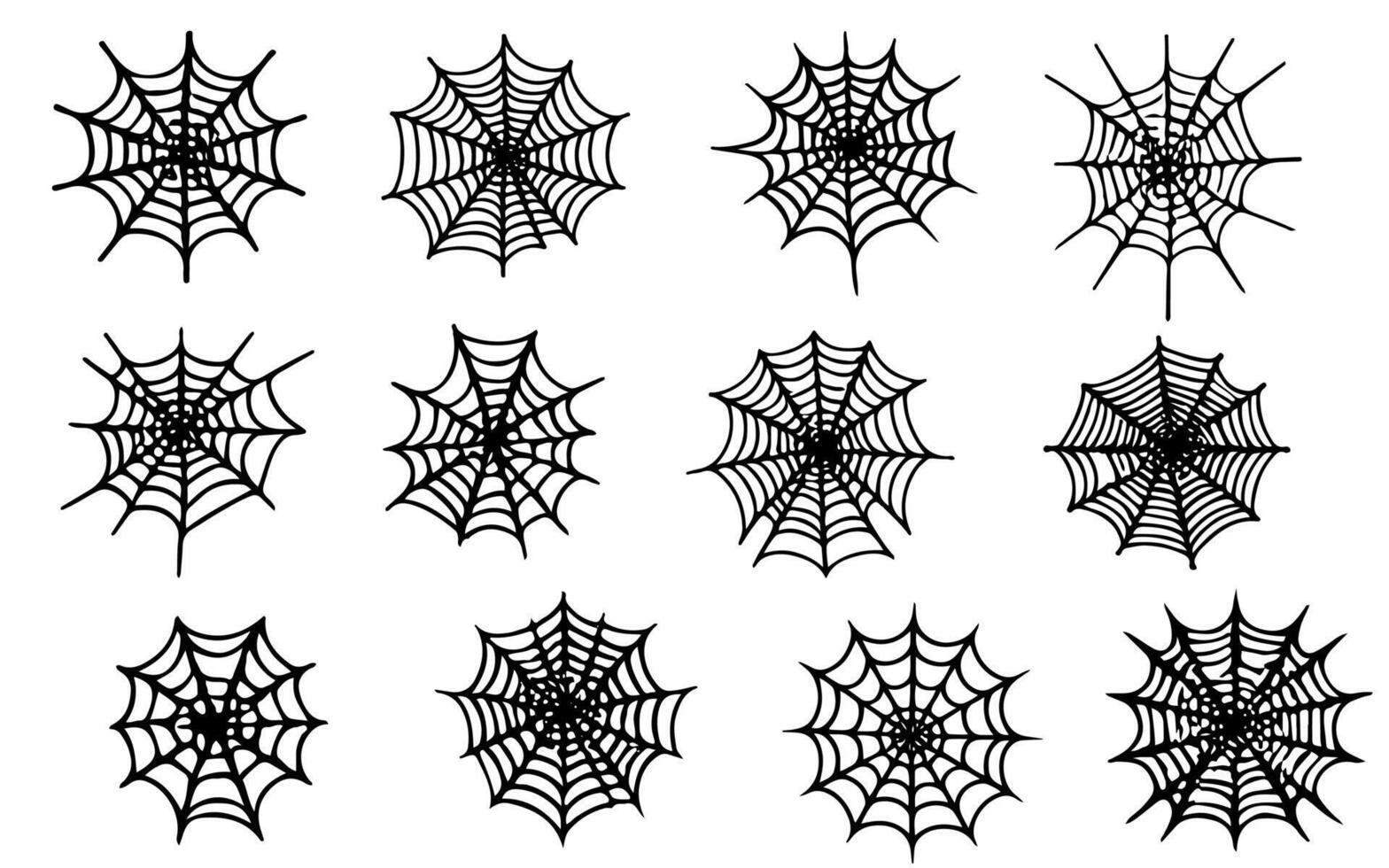 Set of spider web silhouette. Hand drawn black spider web isolated on white background. Illustration of Halloween decorative elements for design decor. vector