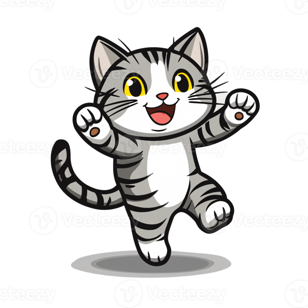 Happy Cartoon Cat with Striped Fur Jumping and Waving png