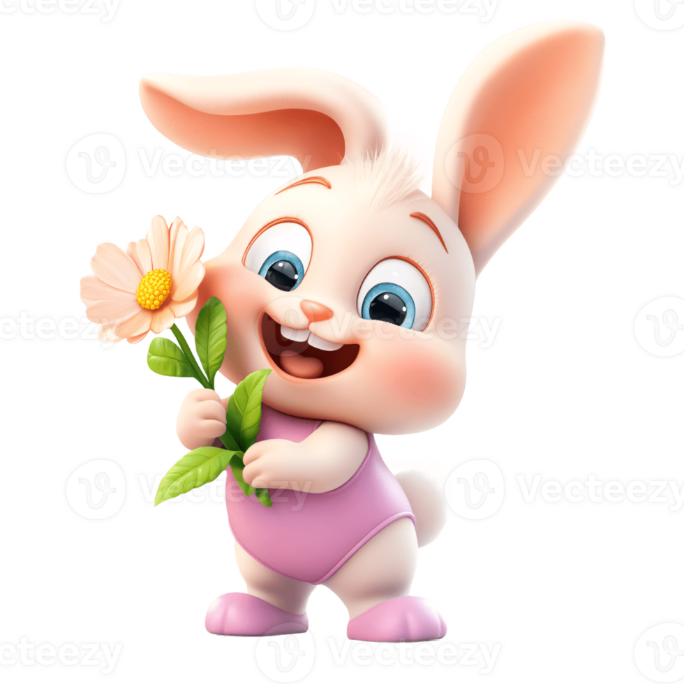 Cute Cartoon Bunny Holding a Flower 3D Render Easter Spring Pet Animal png