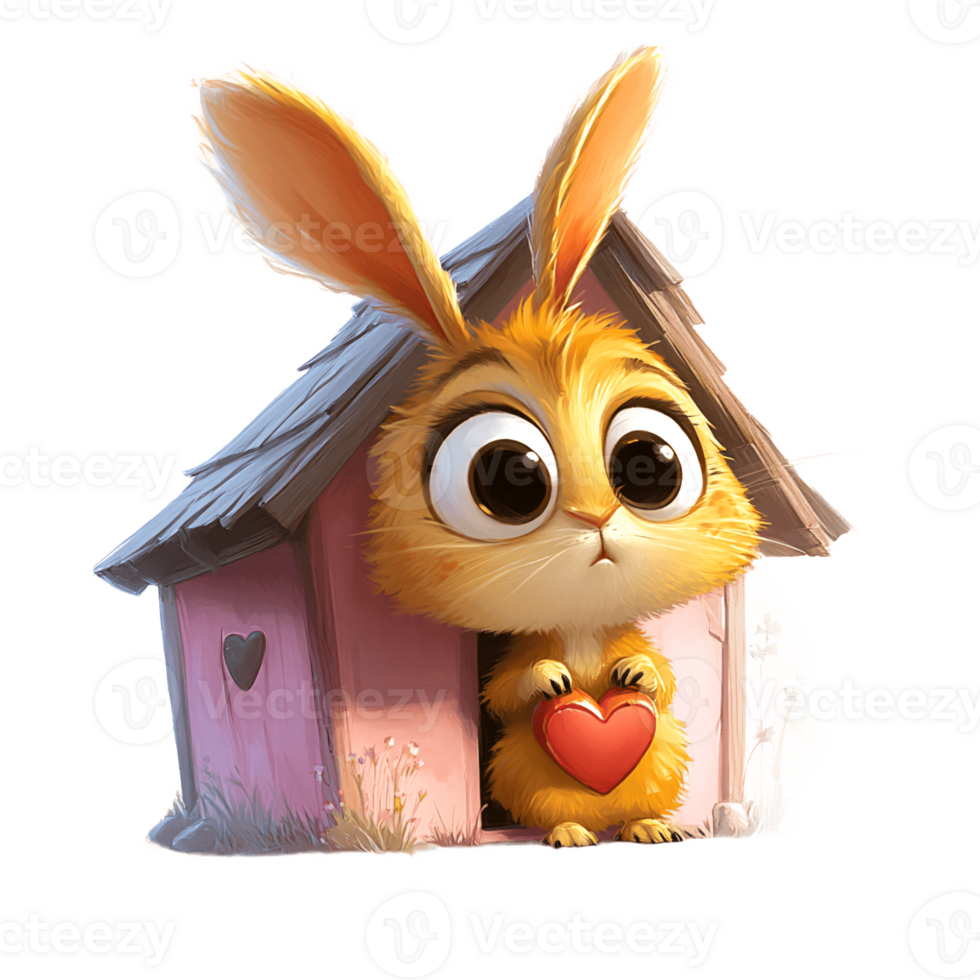 Cute Cartoon Bunny Holding a Heart in a Dog House png