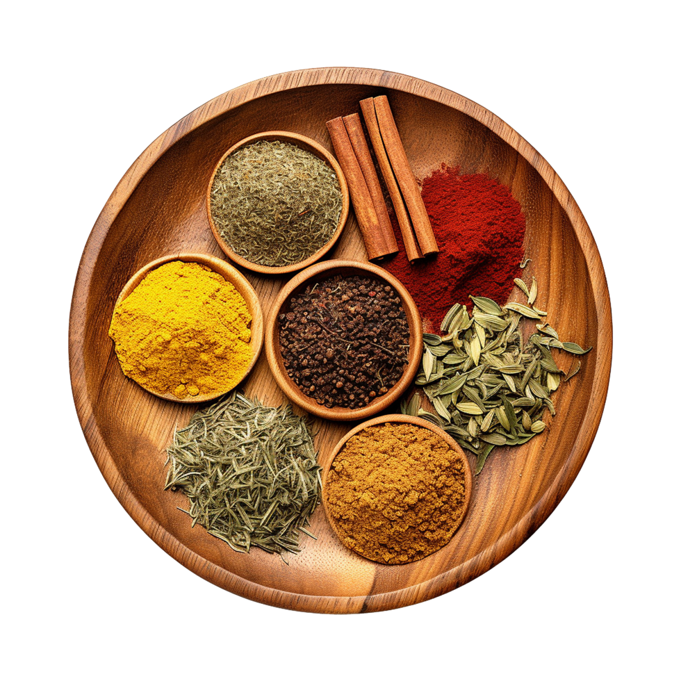 Spices in bowls displayed on wooden board png