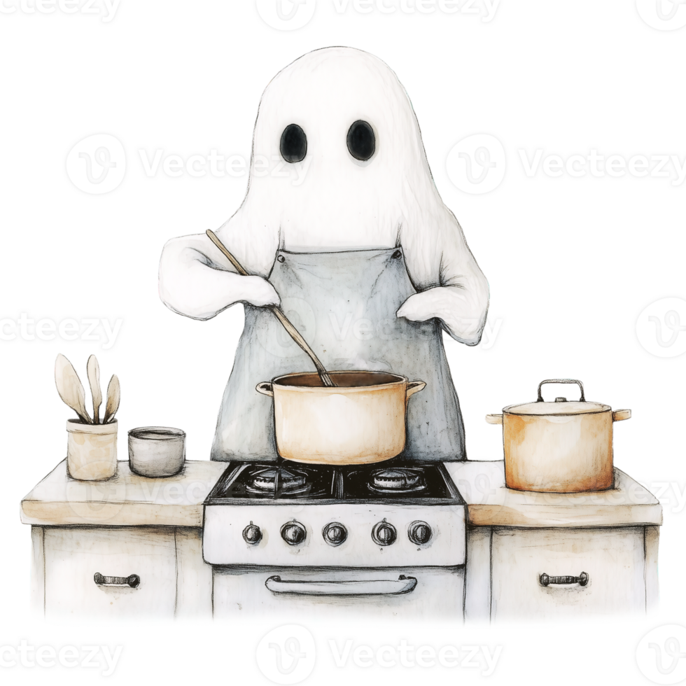 Ghost Wearing Apron and Stirring Pot on Stove png