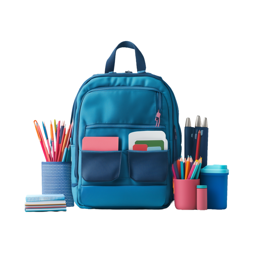 All-in-One Blue Green School Gear Backpack Isolated on Transparent Background Perfect for Back-to-School Marketing, Product Banners, and Social Media Posts. png