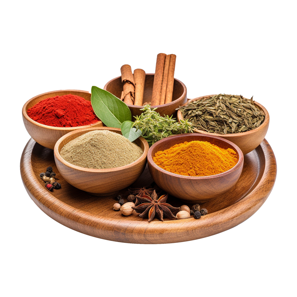 Assorted spice selection in bowls on wooden board png