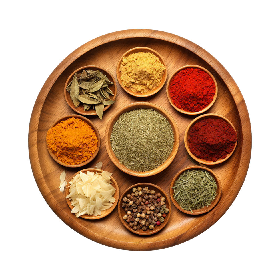 Spices assortment in bowls laid on wooden board png