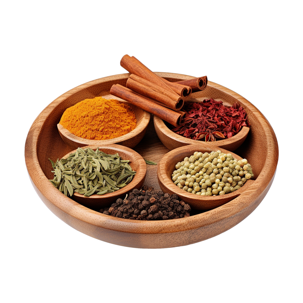 Different spices in bowls arranged on wooden board png