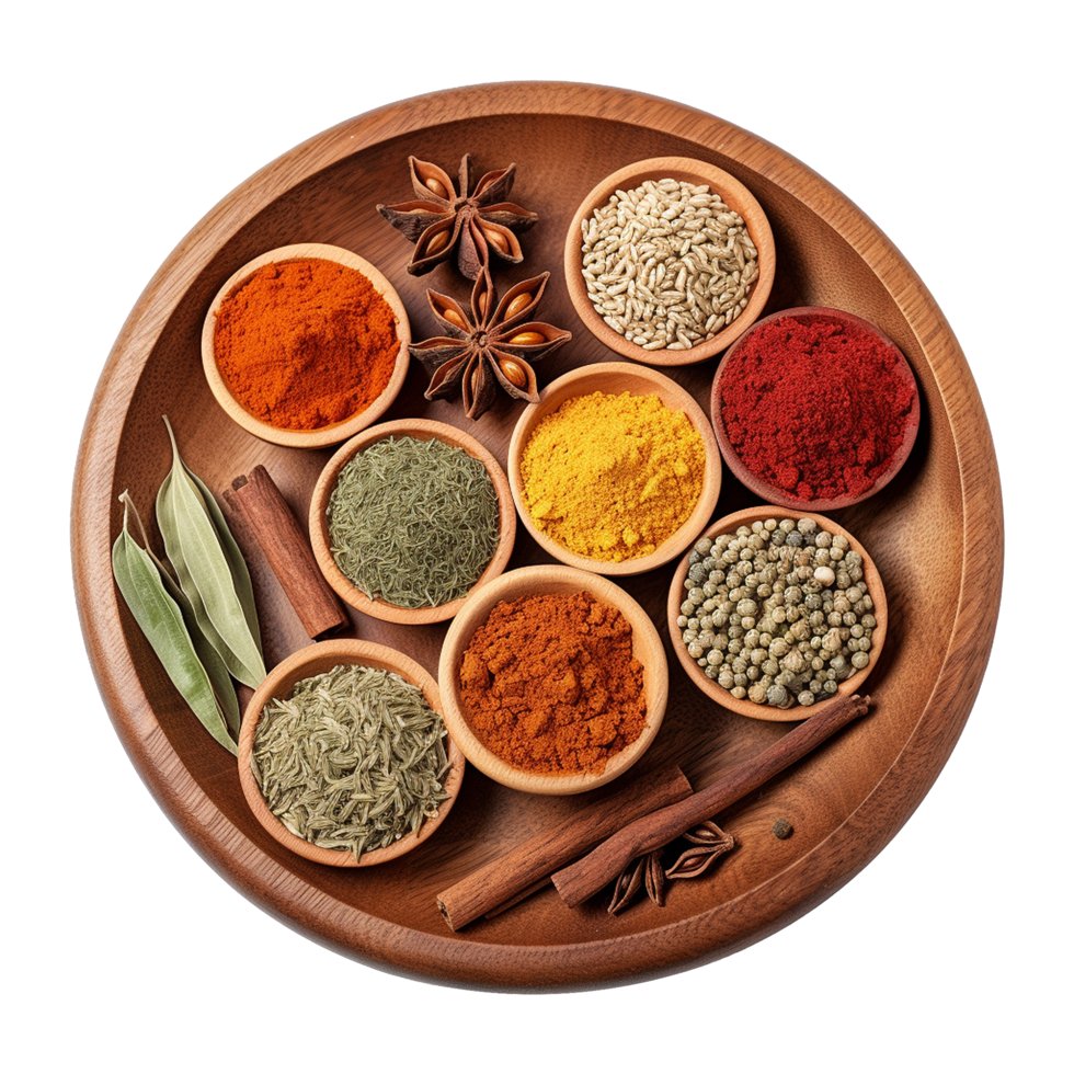 Variety of spices in bowls on wooden background png