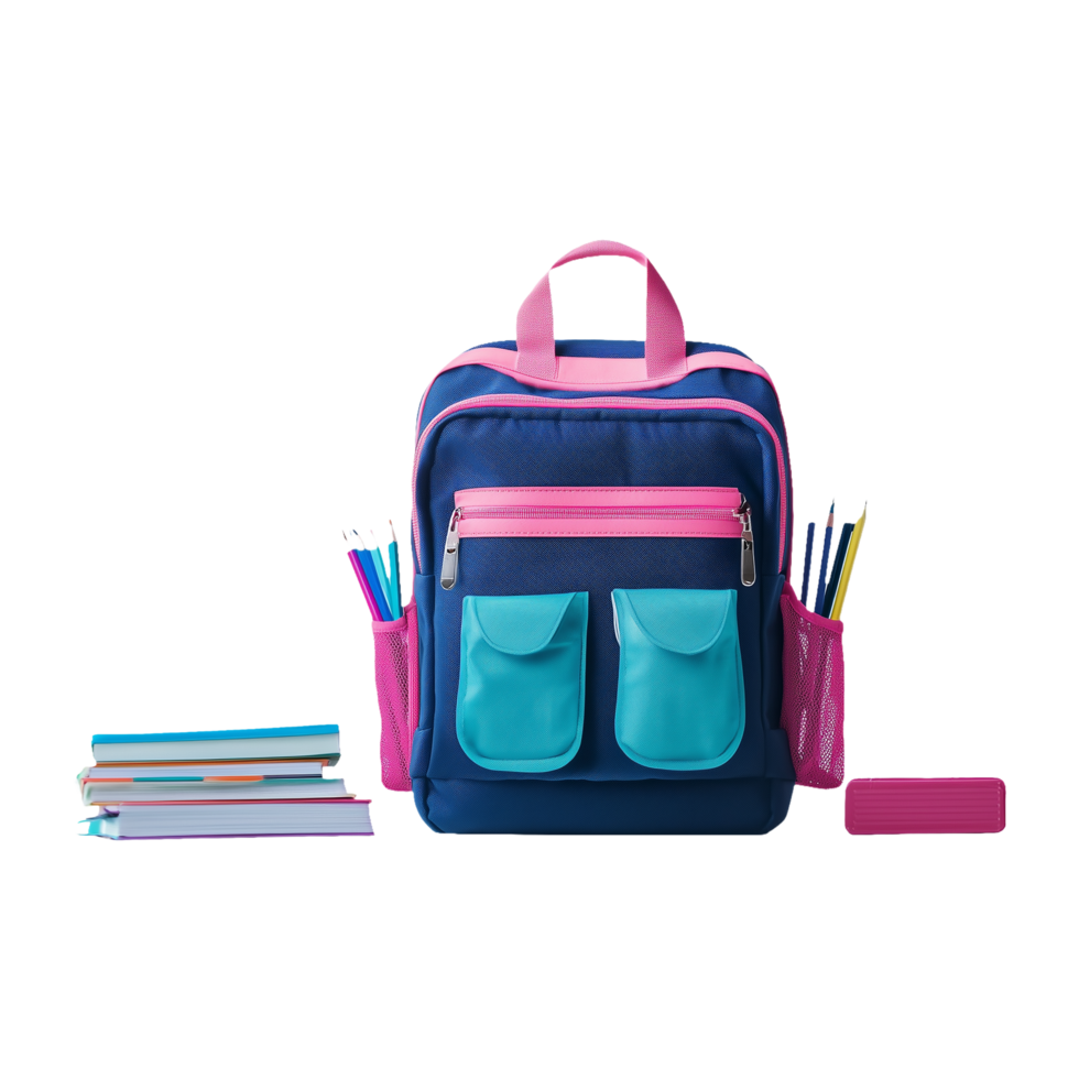Back-to-School Gear pink and blue backpack with a strap Backpack Isolated on Transparent Background Ideal for Social Media Posts, Product Banners, and Educational Campaigns. png