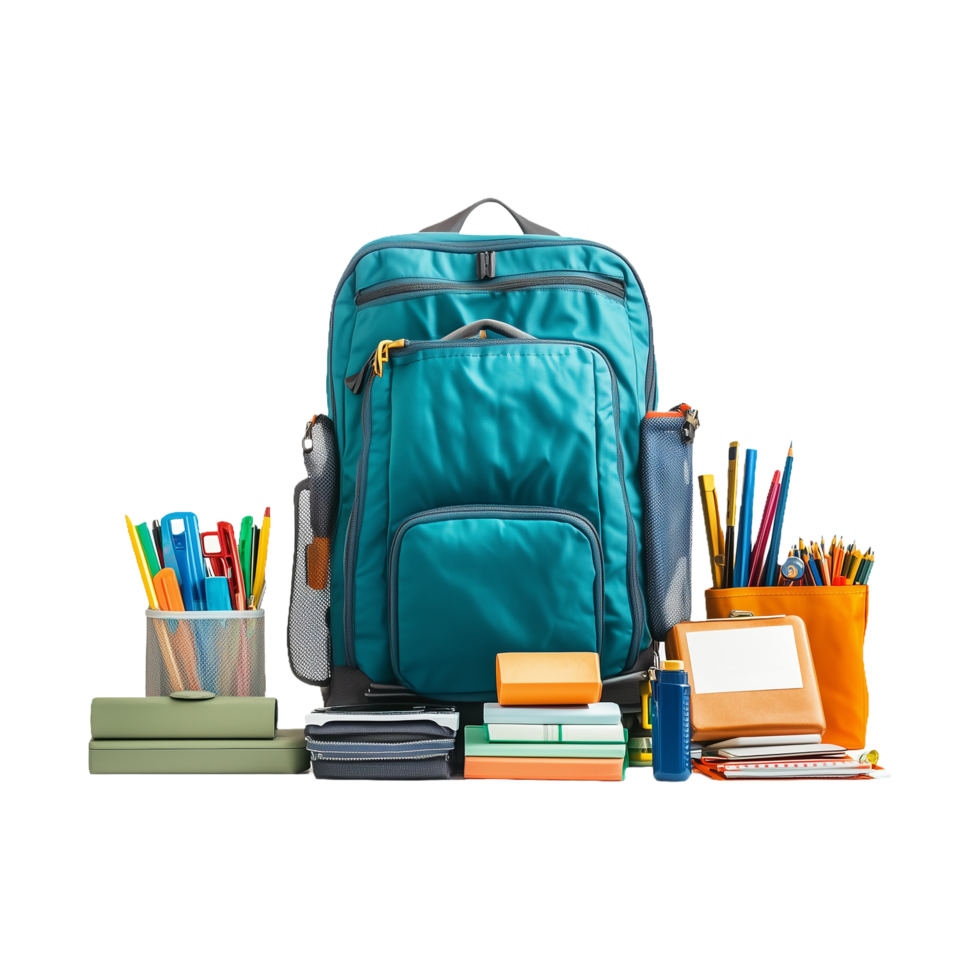 Complete Blue Green School Gear Backpack Isolated on Transparent Background Ideal for Product Promotions, Social Media Posts, and Educational Campaigns. png