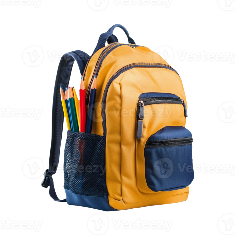 Ready for School with Complete Gear yellow backpack with a blue and orange Backpack Isolated on Transparent Background Use for Product Promotions, Marketing Campaigns, and Decorative Displays. png