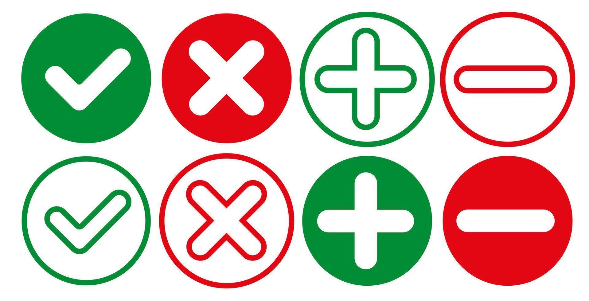 Confirmation or denial signs. Ticks and crosses, as well as pluses and minuses. vector