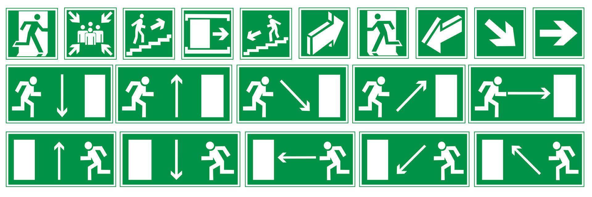 Fire signs. Emergency exit symbols. Green emergency exit. vector