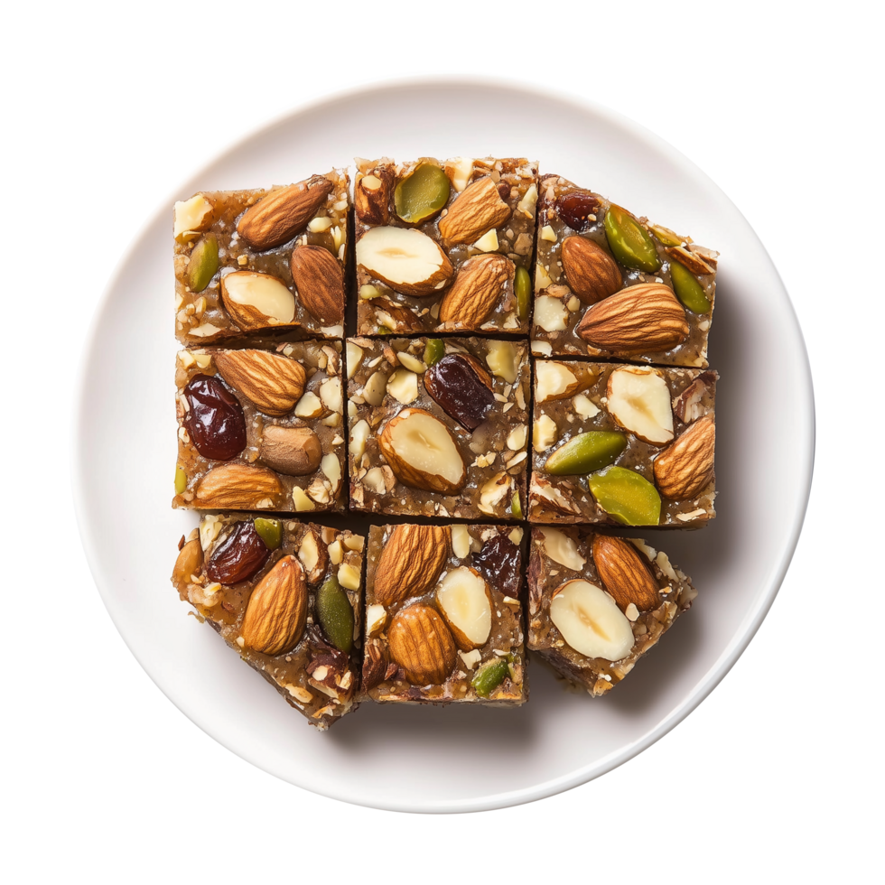 Nutritious Khajur Barfi on Plate with Kismis and Mawa Isolated on Transparent Background Use for Engaging Social Media Content and Promotions. png