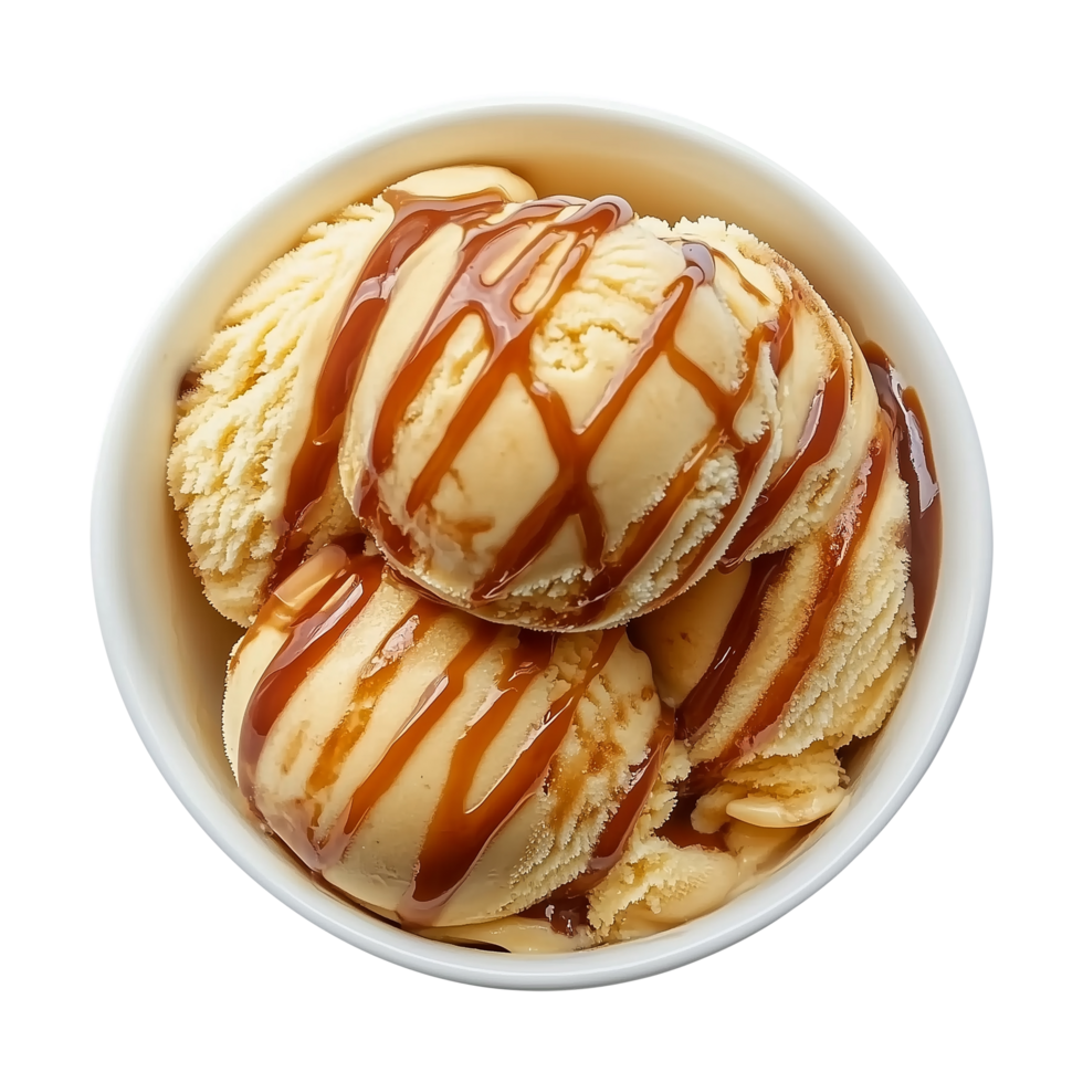 Delicious Ice Cream with Caramel Drizzle in a Bowl Isolated on Transparent Background Great for Marketing Campaigns, Product Covers, and Social Media Posts Featuring Sweet Indulgence. png