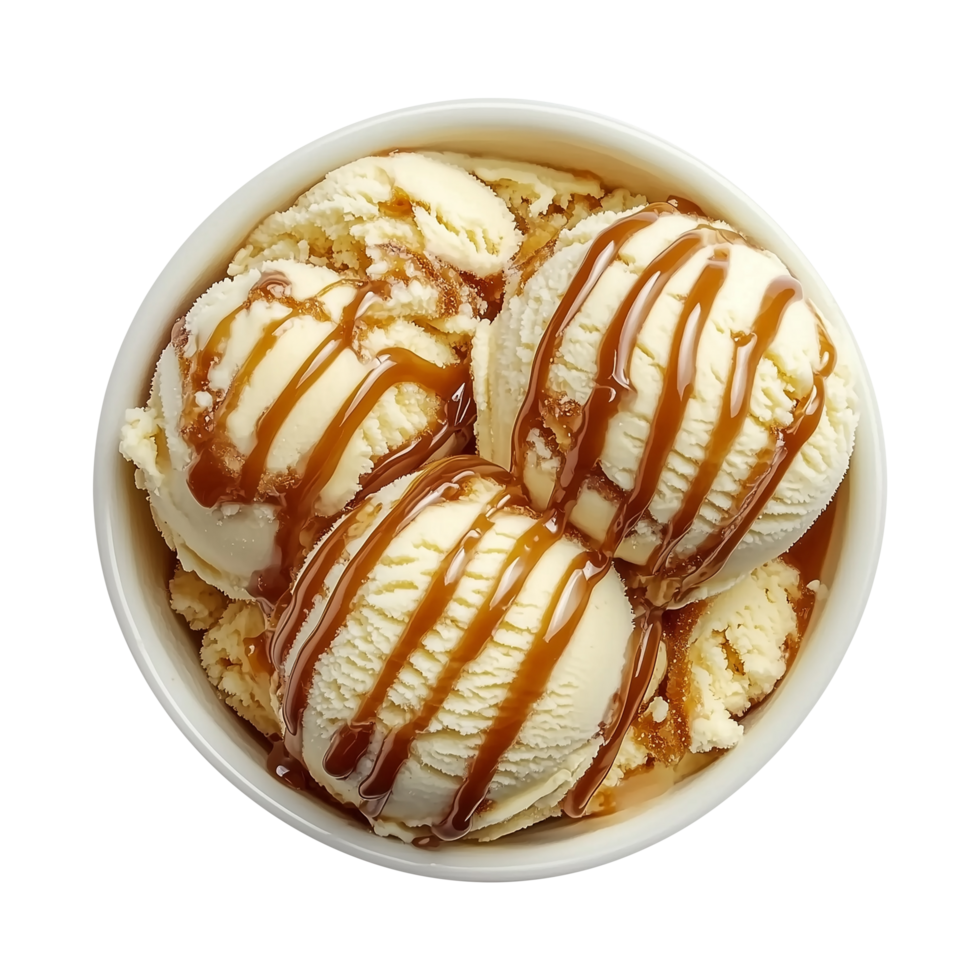 Luscious Bowl of Ice Cream with Caramel Drizzle Isolated on Transparent Background Great for Product Banners, Social Media Posts, and Decorative Displays Showcasing Irresistible Sweets. png