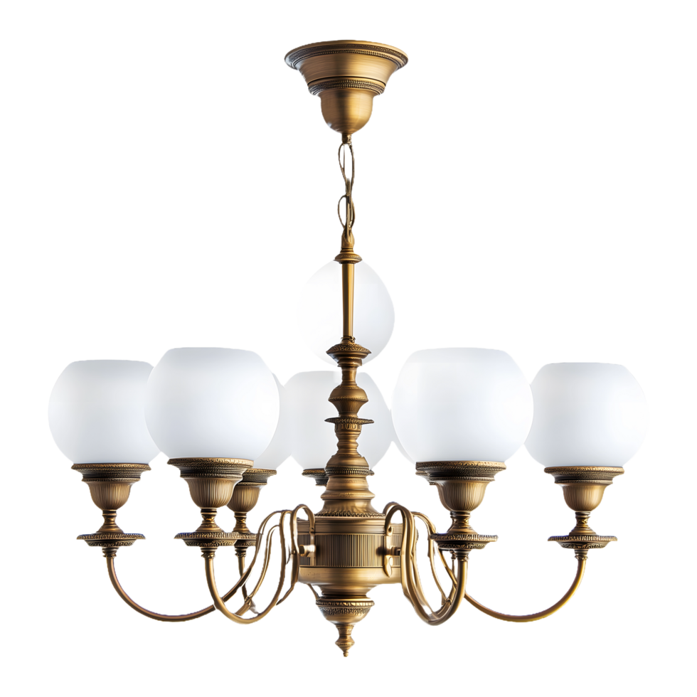 Antique Brass Victorian Chandelier with White Shades Isolated on Transparent Background Great for Product Banners, Social Media Posts, and Decorative Displays Featuring Timeless Elegance png