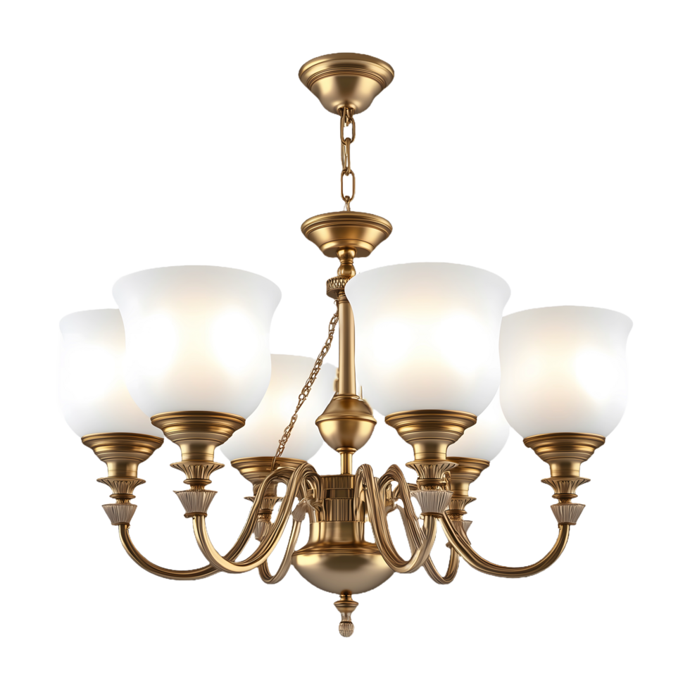Antique Brass Victorian Chandelier Isolated on Transparent Background Elegant Lighting with White Glass Shades, Perfect for Product Banners, Social Media Posts, Marketing, and Decorative Displays. png