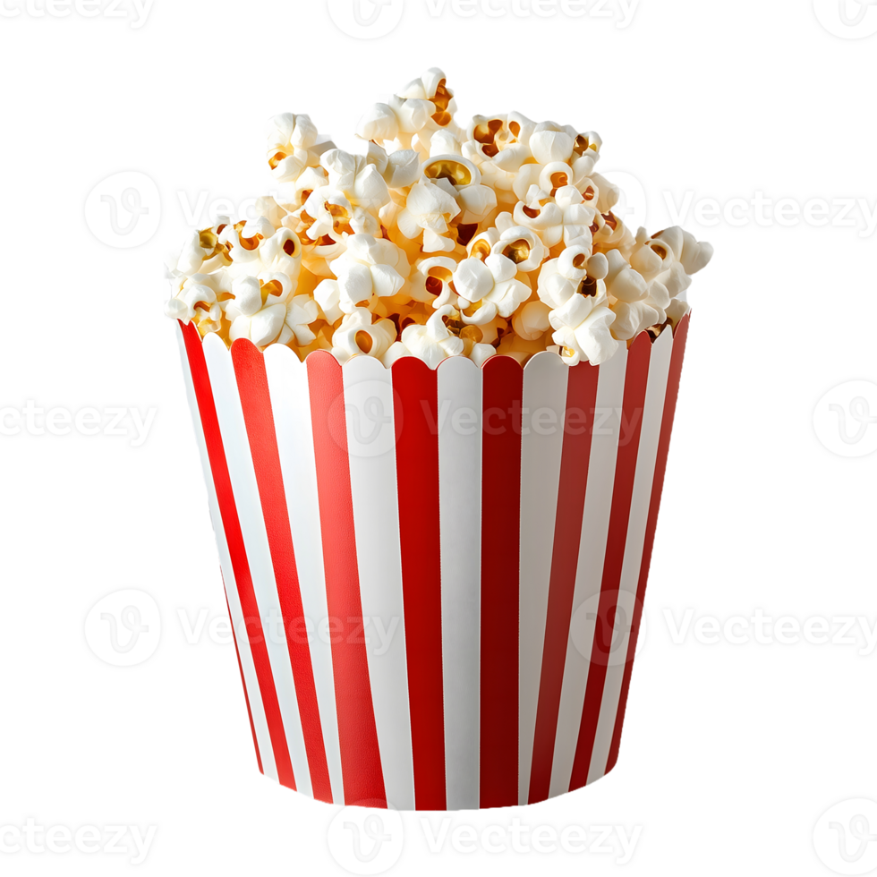 Crispy Popcorn in Striped Bucket Isolated on Transparent Background Use for Product Promotions, Social Media Posts, and Banners. png