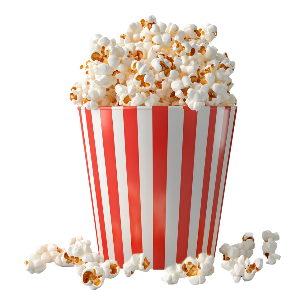 Popcorn in a Red and White Striped Bucket Isolated on Transparent Background Perfect for Product Banners, Social Media Posts, and Marketing Campaigns. png