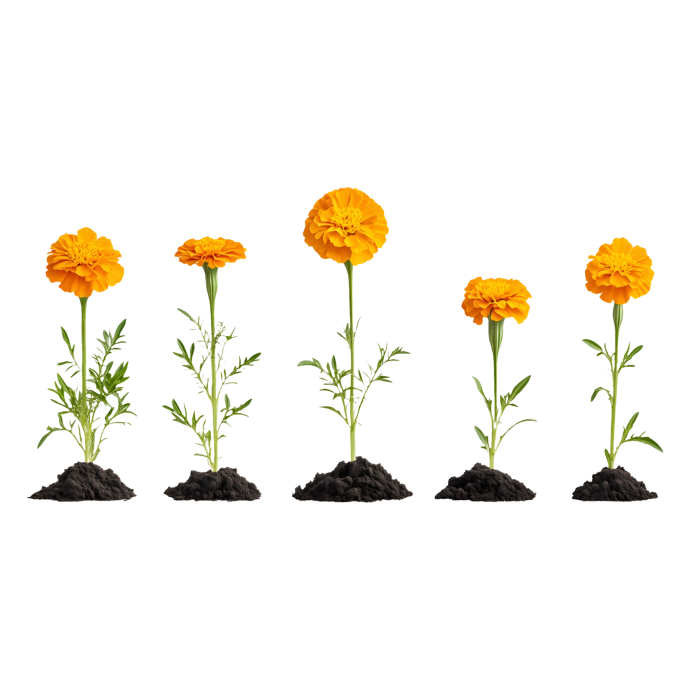 Vibrant Marigold Bundle from Seedling to Full Bloom Isolated on Transparent Background Perfect for Product Covers, Social Media Posts, and Marketing Promotions. png