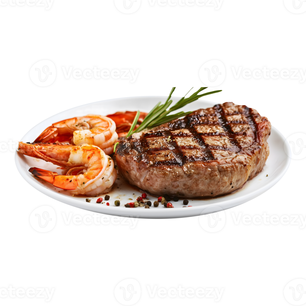 Savory Elegance Steak with lobster and Prawns Stacked in High-Resolution for Mouth-Watering Marketing Posts png