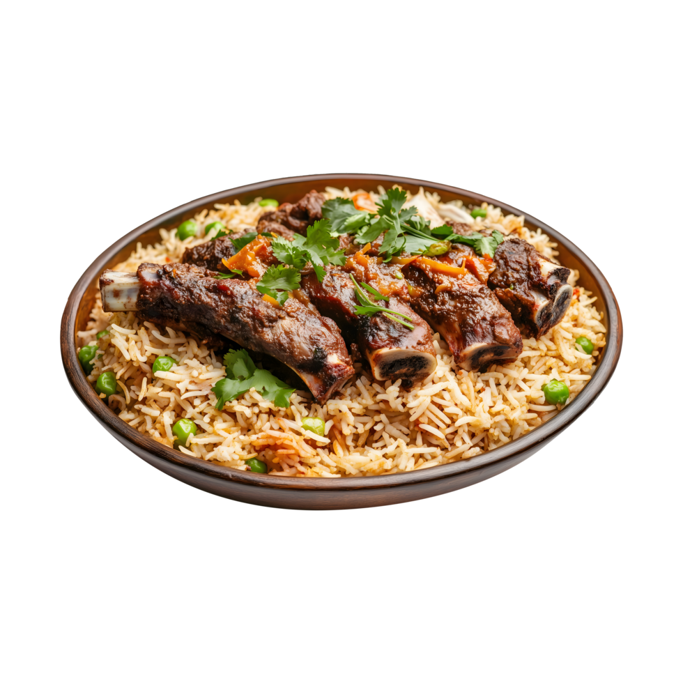 Authentic Kabuli Biryani with Fragrant Rice and Goat Meat, Isolated on a Transparent Background for Use in Social Media and Product Banners. png