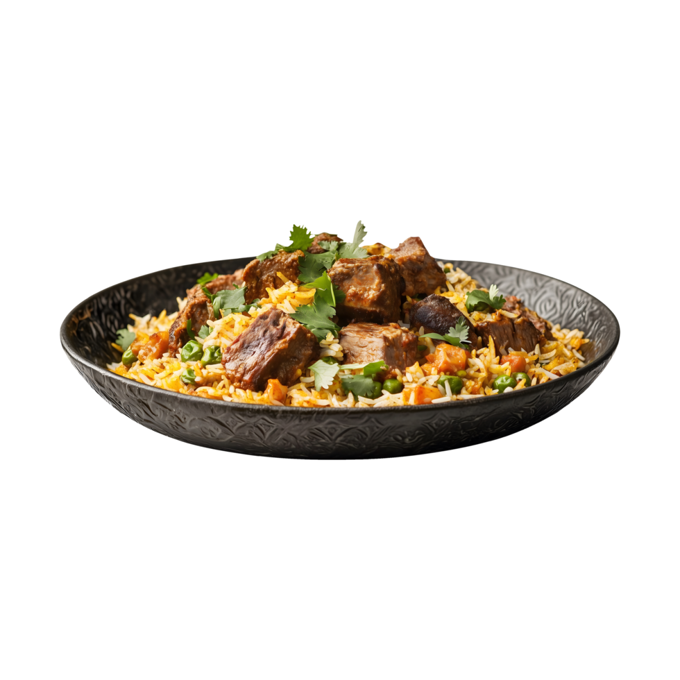 Delicious Kabuli Biryani with Whole Goat Legs Plated, Isolated on a Transparent Background for Product Marketing and Decorative Campaigns. png