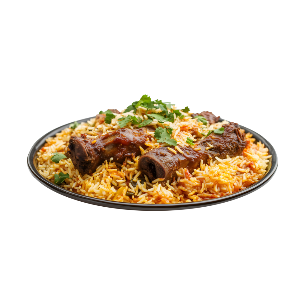 Aromatic Kabuli Biryani with Tender Goat Full Legs, Isolated on a Transparent Background for Social Media Promotions and Product Ads. png
