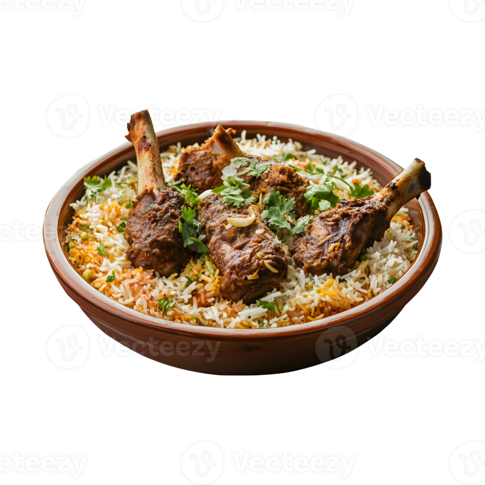 Authentic Kabuli Biryani with Succulent Goat Meat, Isolated on a Transparent Background for Marketing, Product Ads, and Decorative Campaigns. png