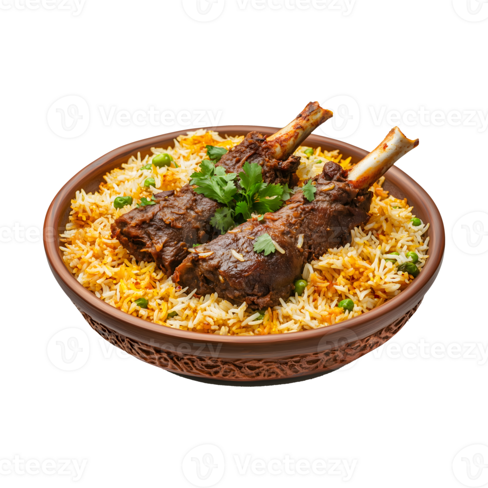 Delicious Full Legs of Goat in Kabuli Biryani Dish, Isolated on a Transparent Background for Product Banners and Decorative Use. png
