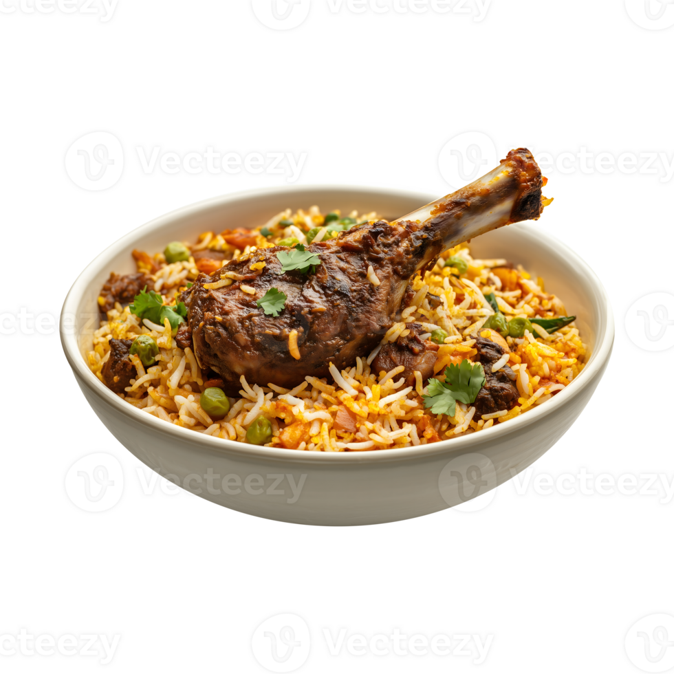 Authentic Goat Legs Kabuli Biryani, Isolated on a Transparent Background for Product Marketing, Festive Promotions, and Culinary Banners. png