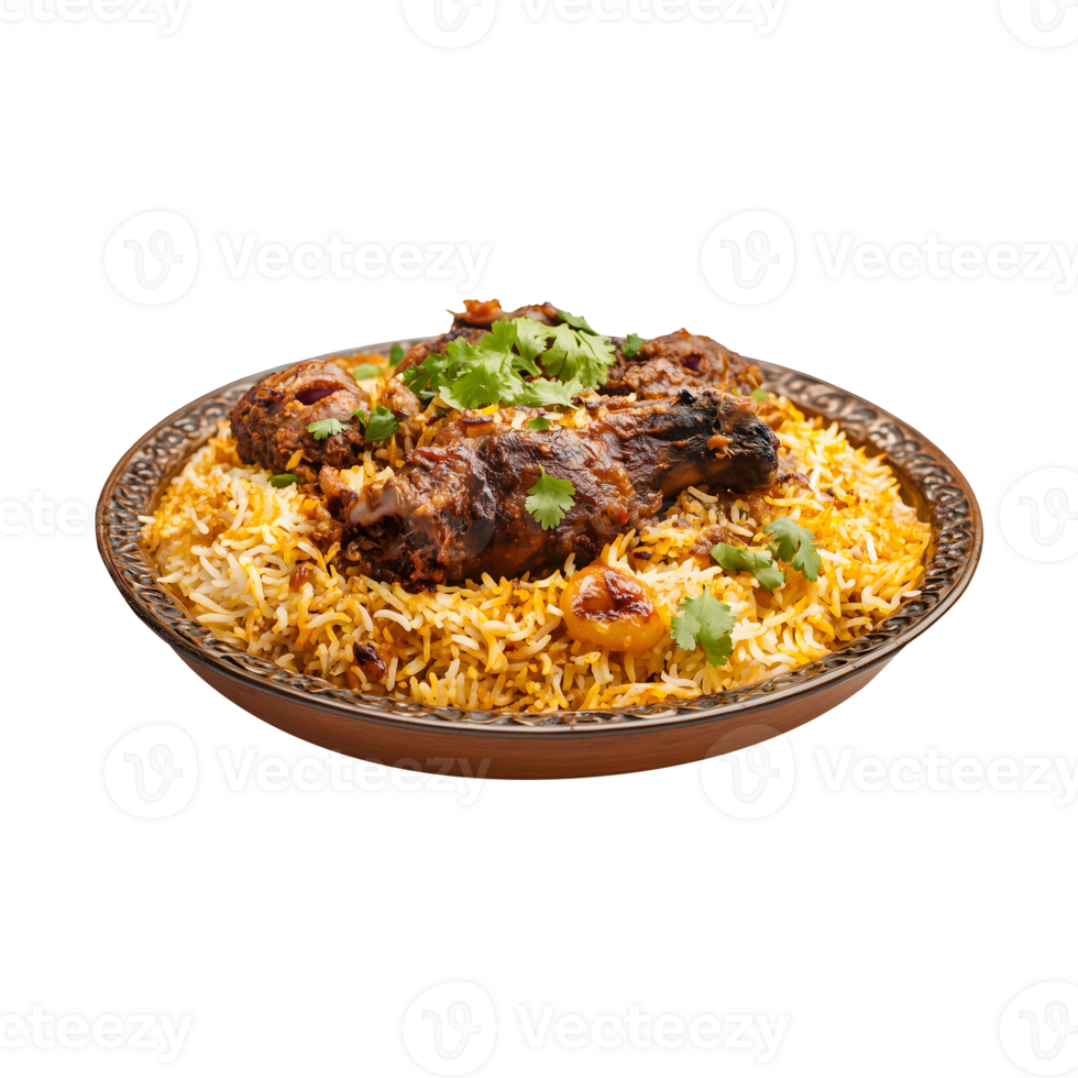 Kabuli Biryani with Full Goat Legs Served with Aromatic Rice, Isolated on a Transparent Background for Marketing Banners and Product Covers. png