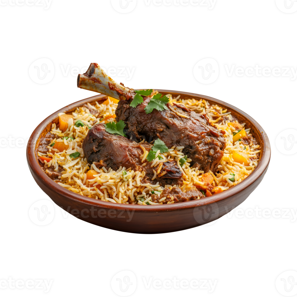 Goat Meat Kabuli Biryani on Plate with Aromatic Spices, Isolated on a Transparent Background for Product Marketing and Decorative Use. png