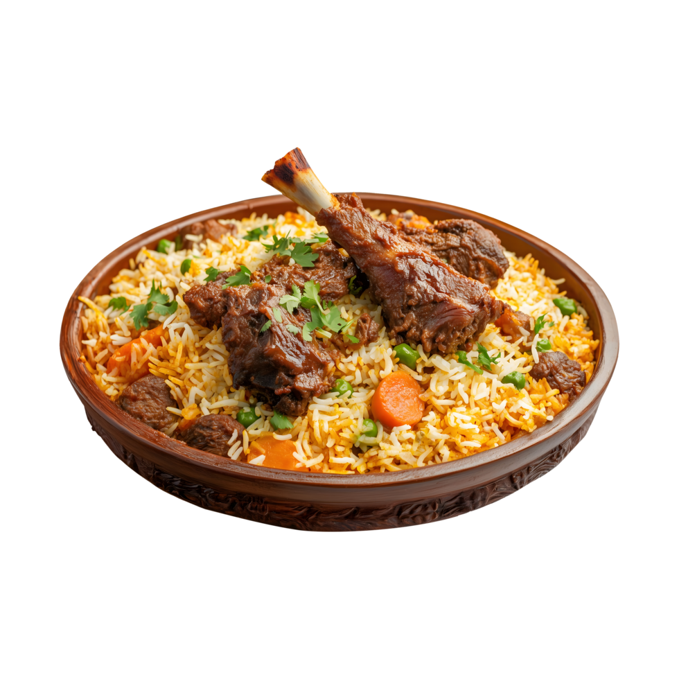 Goat Legs Kabuli Biryani Plated with Rice, Isolated on a Transparent Background for Social Media Campaigns, Product Ads, and Decorative Covers. png