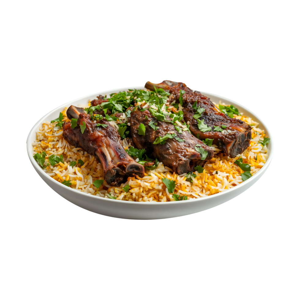 Traditional Goat Legs Kabuli Biryani, Perfectly Isolated on a Transparent Background for Product Promotions, Social Media Campaigns, and Decorative Use. png
