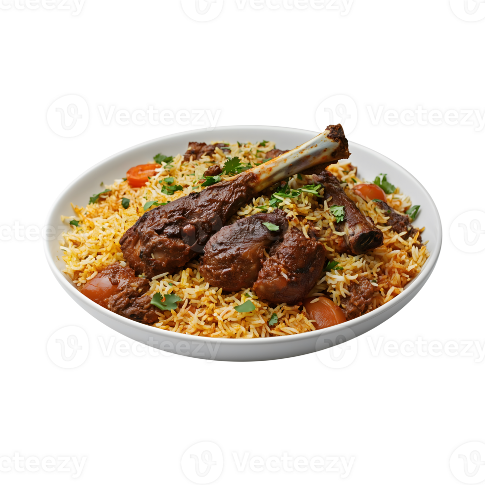 Delicious Kabuli Biryani with Goat Full Legs, Perfectly Isolated on a Transparent Background for Social Media Campaigns and Product Promotions. png