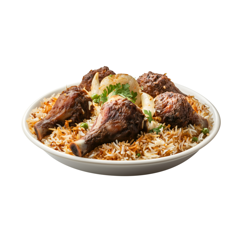 Sumptuous Kabuli Biryani with Full Goat Legs, Isolated on a Transparent Background for Product Promotions and Culinary Campaigns. png