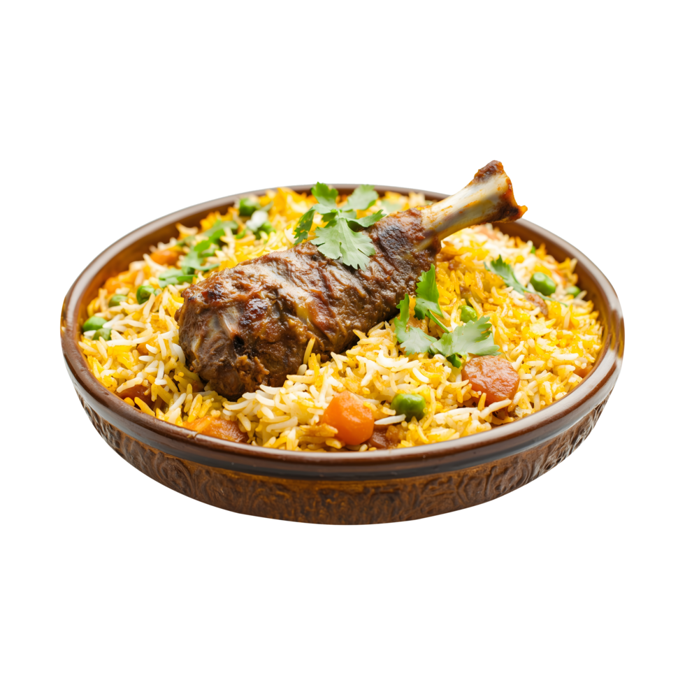 Succulent Goat Full Leg Kabuli Biryani, Isolated on a Transparent Background for Use in Product Promotions and Marketing Banners. png