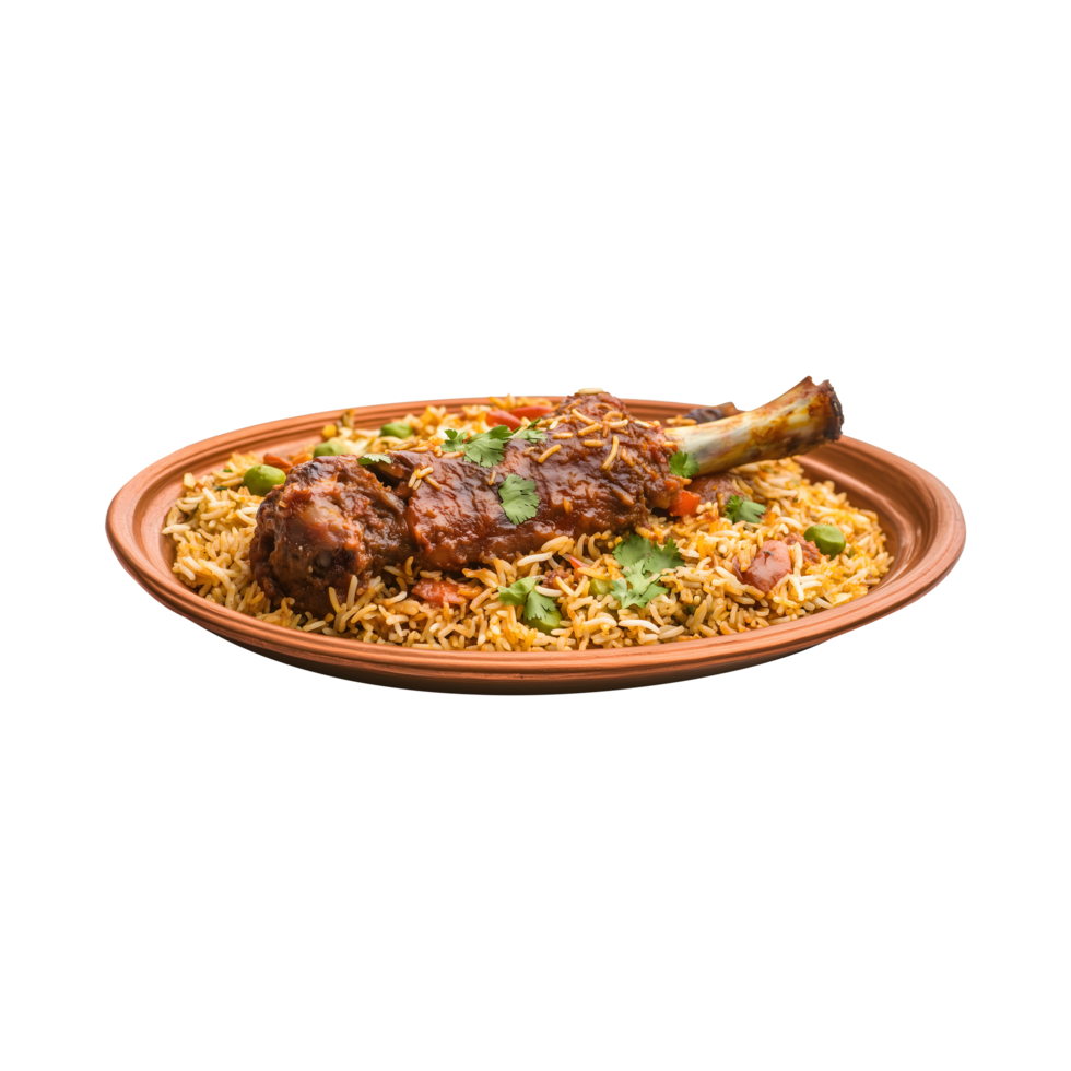 Fragrant Kabuli Biryani with Goat Full Legs, Isolated on a Transparent Background for Social Media Promotions, Product Campaigns, and Ads. png
