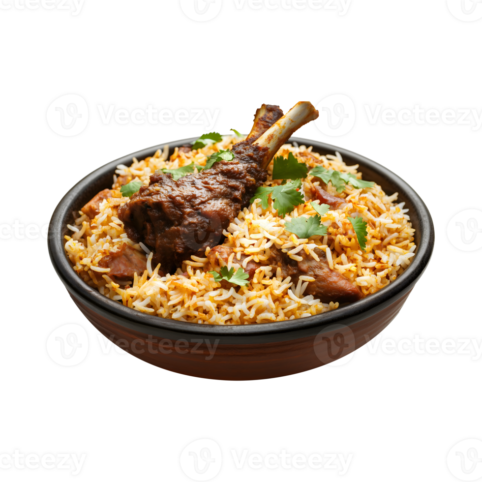 Traditional Kabuli Biryani with Succulent Goat Legs, Isolated on a Transparent Background for Use in Product Banners, Social Media Promotions, and Decorative Ads. png