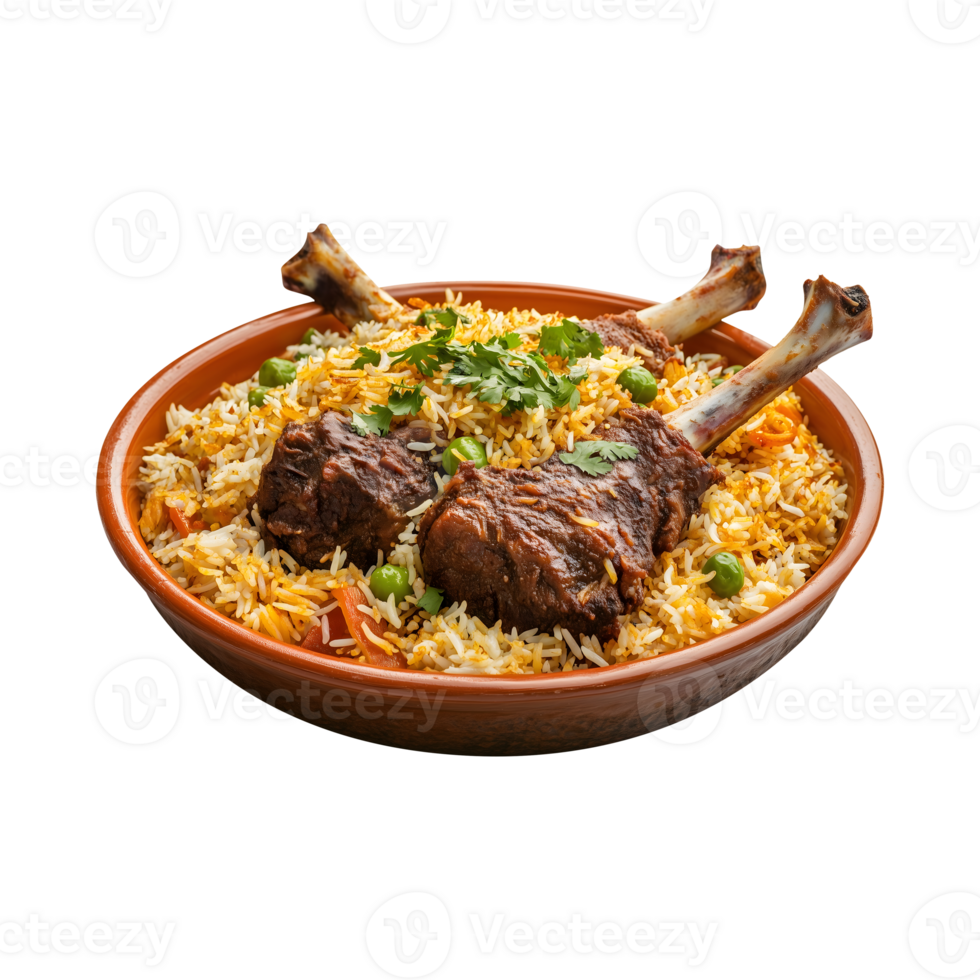 Fragrant Kabuli Biryani with Whole Goat Legs, Isolated on a Transparent Background for Use in Product Promotions, Decorative Covers, and Social Media Campaigns. png