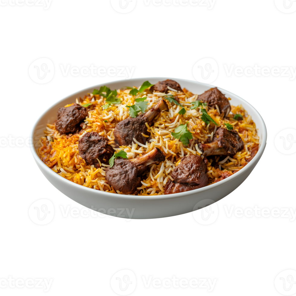 Sumptuous Kabuli Biryani with Full Goat Legs, Perfect for Decorative Use and Product Marketing, Isolated on a Transparent Background. png