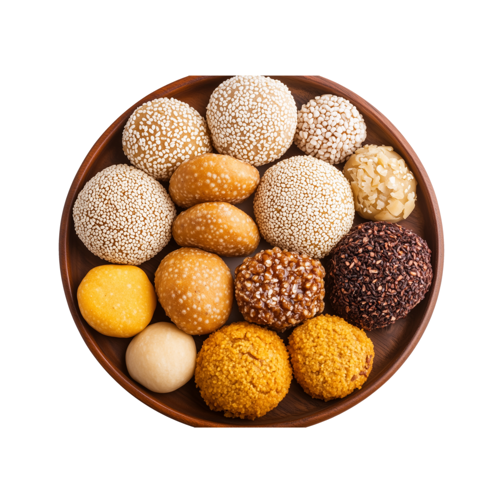 Punjabi Winter Special Til Bhugga Energy Balls and Traditional Sweets with Sesame, Jaggery, and Nuts on a Wooden Plate Isolated on a Transparent Background png