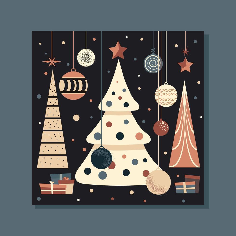 retro flat card with xmas trees, presents, christmas tree toys. vintage graphic art for xmas greetings vector