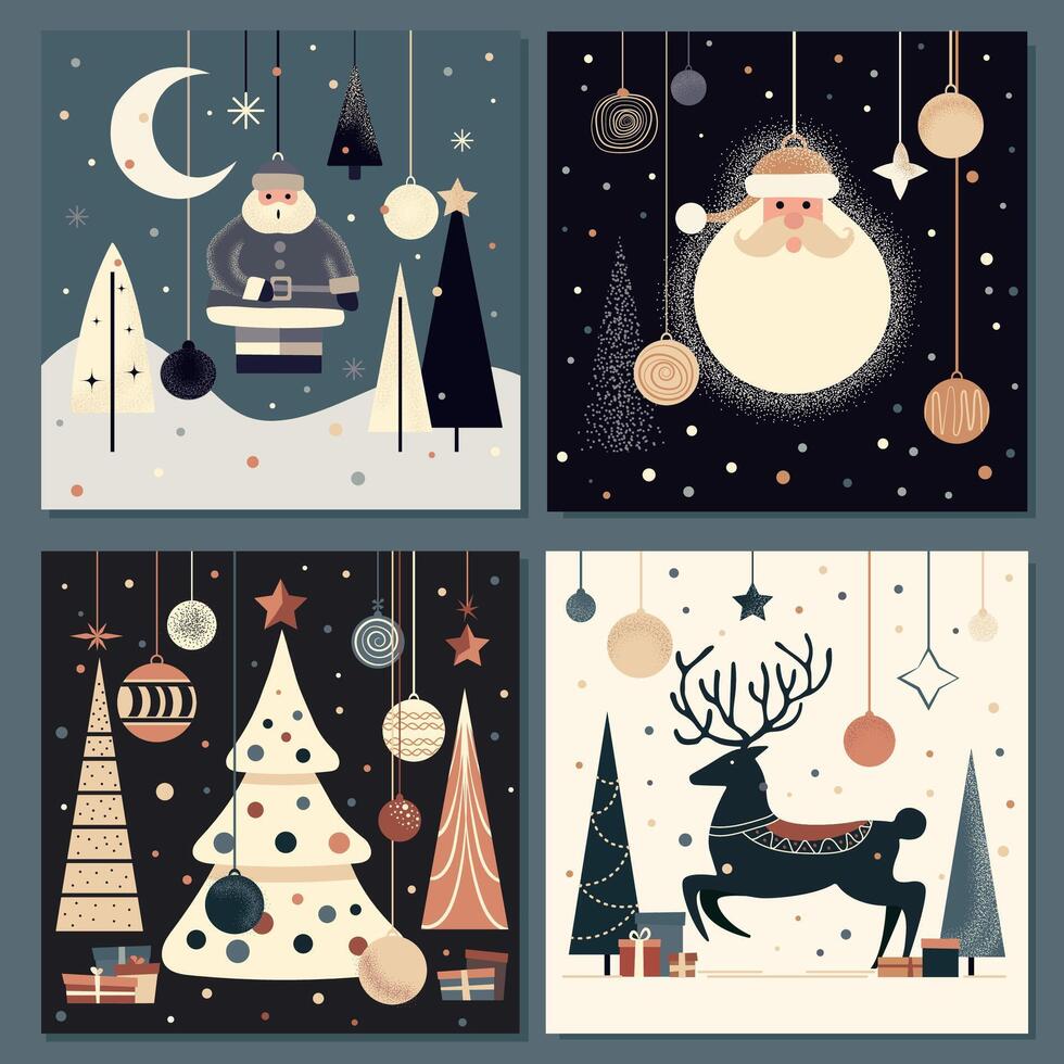 vintage set of christmas cards in minimalistic style. graphic art of group xmas cards with greetings vector